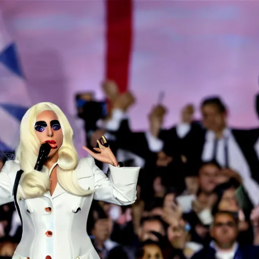 Image similar to Lady Gaga as president, Argentina presidential rally, Argentine flags behind, bokeh, giving a speech, detailed face, Argentina