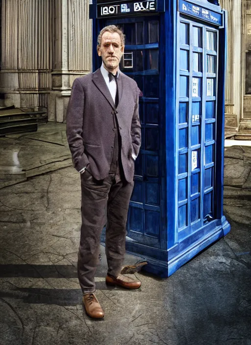 Image similar to still portrait of hugh laurie standing next to the tardis from doctor who, au naturel, hyper detailed, digital art, trending in artstation, cinematic lighting, studio quality, smooth render, unreal engine 5 rendered, octane rendered, art style by klimt and nixeu and ian sprigger and wlop and krenz cushart.