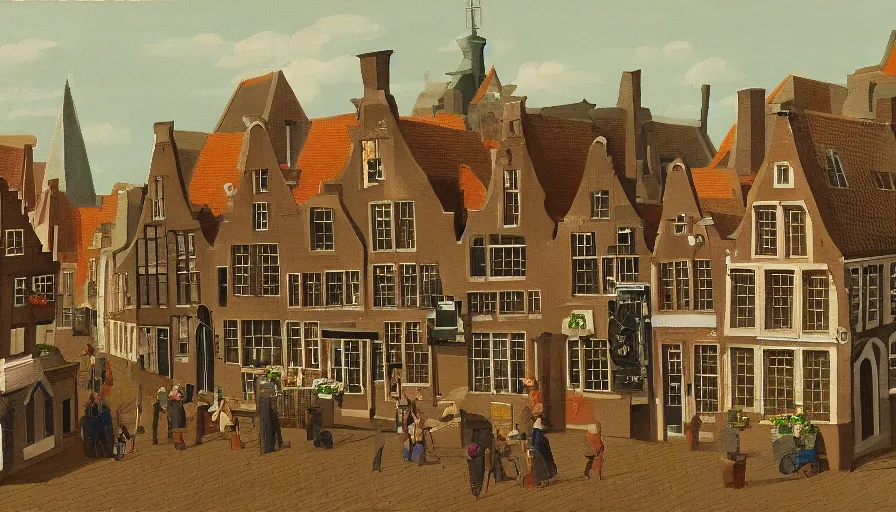 Prompt: dutch townscape scene, isometric view, painting