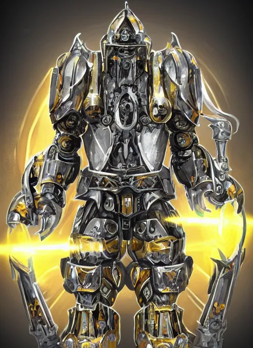 Image similar to full body, dynamic attack position abstract portrait of a intricate glorious holy mechanical warforged character in yellow armor holding a paladin engraved great longsword drawn and carrying a big paladin shield, glowing!!!! eye!!!!!, face in focus, pit droid, epic , trending on ArtStation, masterpiece, cinematic lighting, by Ross Tran and by Greg Rutkowski