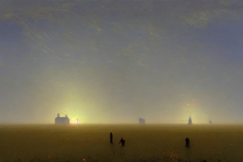 Image similar to sci-fi painting of a nearby large alien city on the vast wheat fields, the closed back view of one humanoid robot on the ground, by Ivan Aivazovsky, godrays, detailed