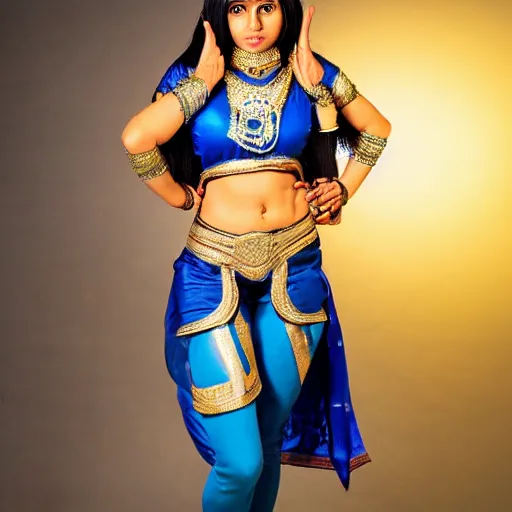 Image similar to blue - skinned indian goddess with six arms, symmetric, aesthetic!!!, cosplay, studio lighting