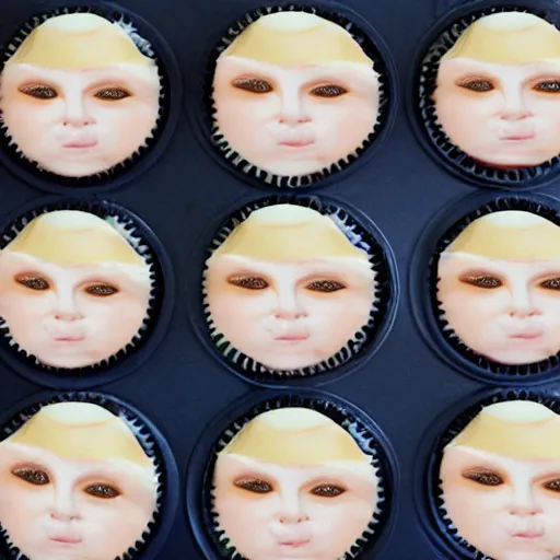 Image similar to cup cakes with vanilla frosting in the shape of the face of kate mara, 4 k, hyperdetailed, photorealism