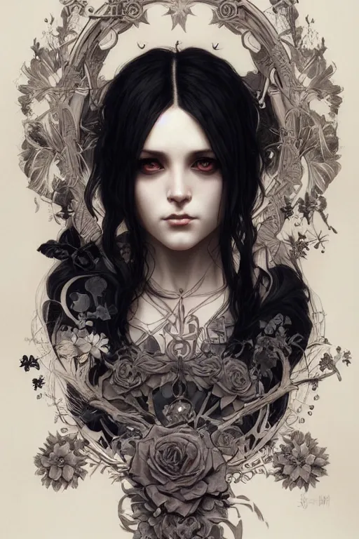 Image similar to goth girl with tattoos, symmetric, elegant, highly detailed, digital painting, artstation, concept art, smooth, sharp focus, illustration, art by artgerm and greg rutkowski and alphonse mucha and william-adolphe bouguereau