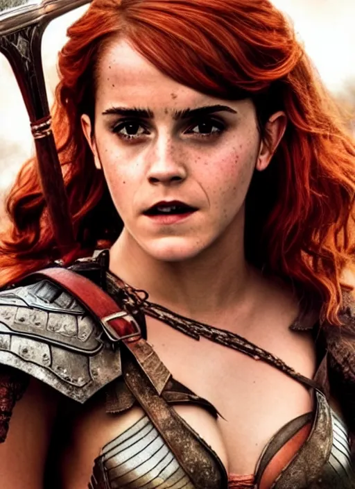 Image similar to photography emma watson as red sonja, beautiful face cinematic
