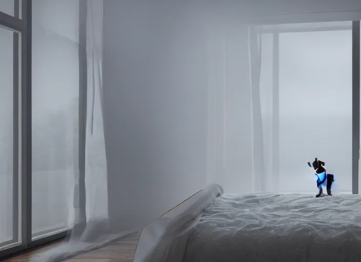 Image similar to photography of a Jack Russel watching outside the window on a bed in a 3d rendered white room, octane render, 3d, foggy, volumetric light, volumetric fog, photorealistic, unreal engine 5