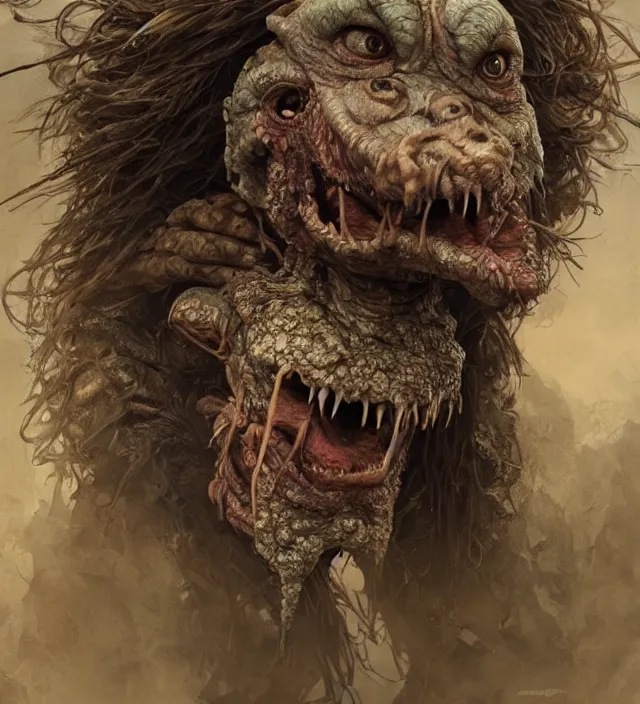 Image similar to hyper realistic portrait of postapocalyptic muppet show monster goblin, cinematic, symmetric, dark crystal, artstation, cgsociety, alan lee, jean baptiste monge, scott radke