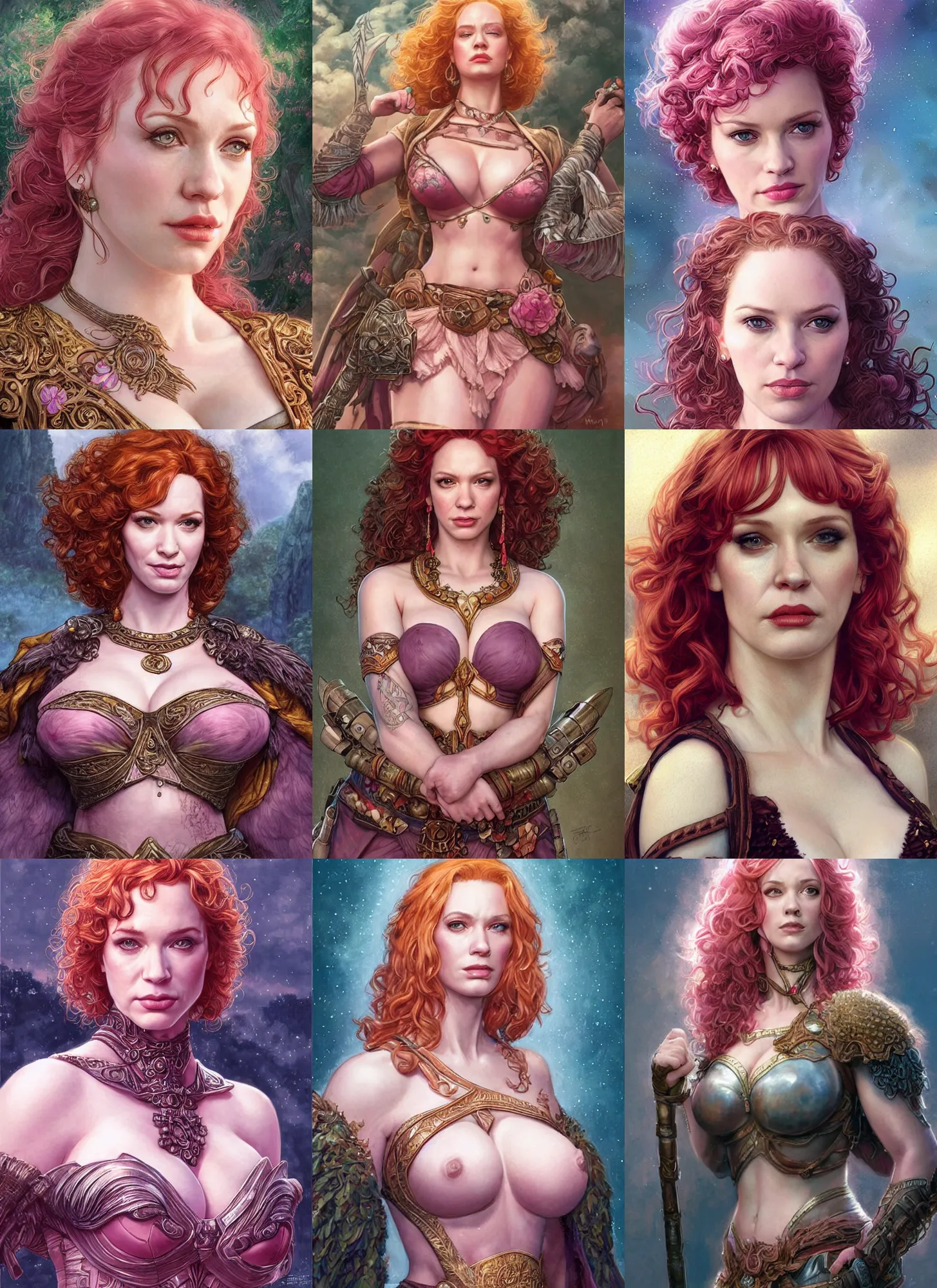 Prompt: epic portrait of unimpressed Christina Hendricks as a ruggedly handsome Amazon heroine, intricate, elegant, highly detailed, centered, artstation, sharp focus, illustration, pink cloud bokeh, art by Artgerm and Donato Giancola and Joseph Christian Leyendecker