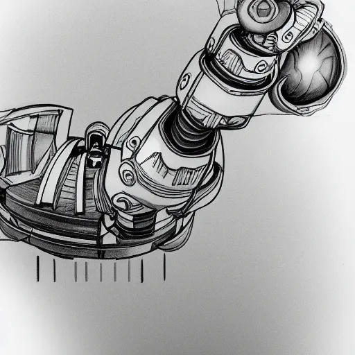 Image similar to line art drawing of a mechanical apple transforming into a robot, pencil on paper, high-resolution