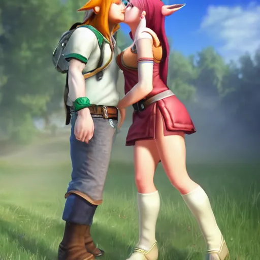 Image similar to female link and malon kissing, realistic, 3 d, raytracing, hd, max settings