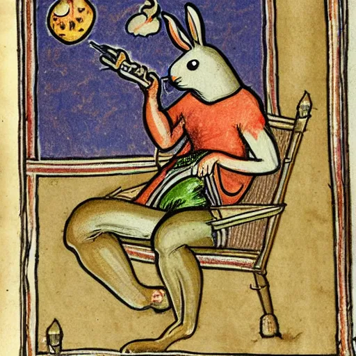 Prompt: rabbit smoking a joint medieval illuminated manuscript