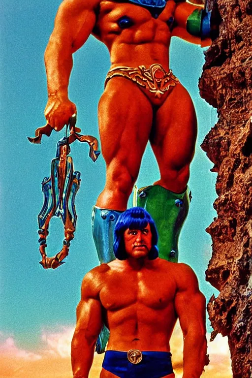 Image similar to he - man, portrait, full body, symmetrical features, color photo, 1 9 8 5 photograph, kodachrome, aged paper, sergio leone, master prime lenses, cinematic