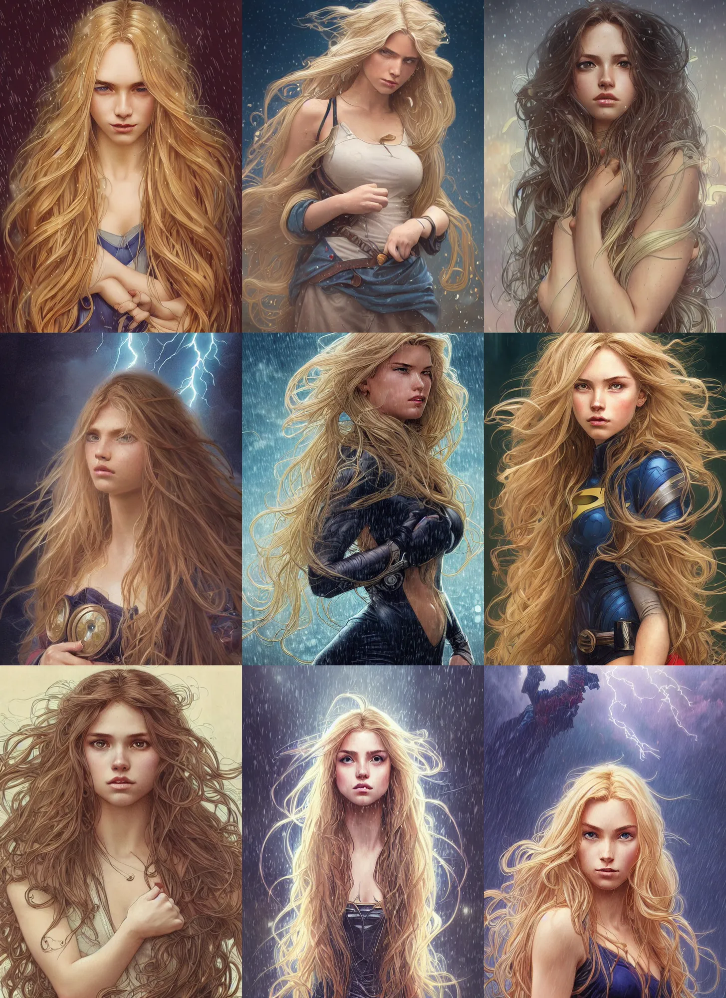 Prompt: a superhero girl with a focused face and extremely long blonde wavy hair, light rain, thunder storm background, intricate detailed face, artgerm, greg rutkowski, alphonse mucha, francine van hove