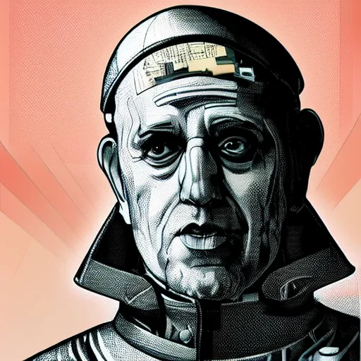 Image similar to cyberpunk pope francis with mitre as the leader of a futuristic communist nation, cybernetics, sharp lines, digital, artstation, colored in