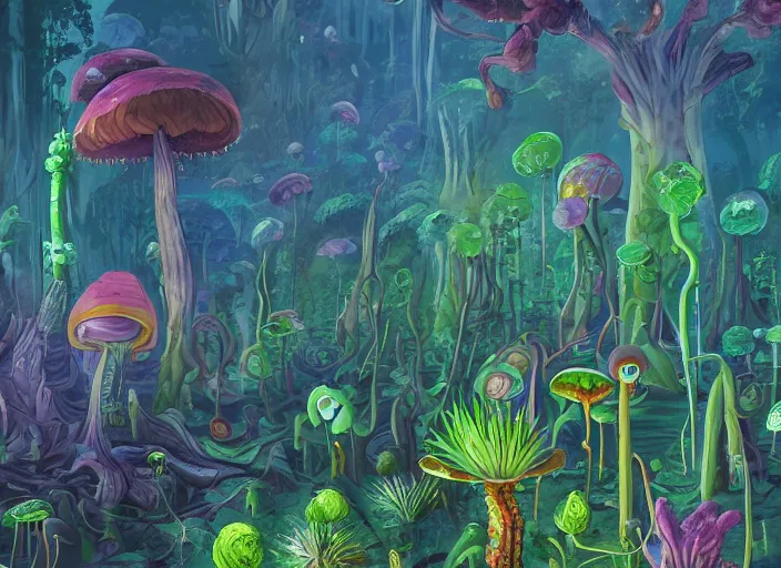 Prompt: a forest of alien plants and fungi, award winning concept art, colorful, vibrant, from a science fiction book cover, trending on artstation