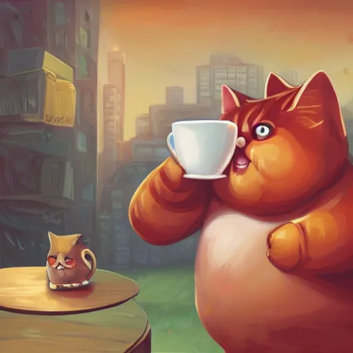 Prompt: angry fat cat full of rage clutching a cup of tea angrily, by cyril rolando and naomi okubo and dan mumford and ricardo bofill, HD, 4k