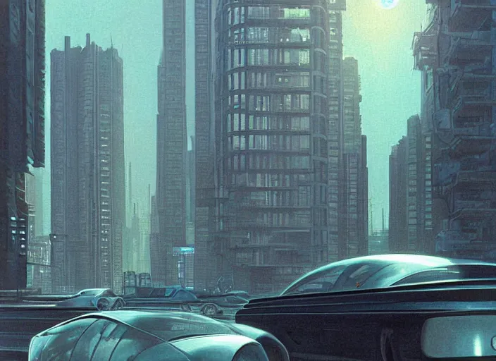 Prompt: a car driving down a street next to tall buildings the night at 11:00 am, cyberpunk art by Chesley Bonestell, cgsociety, retrofuturism, matte painting, reimagined by industrial light and magic