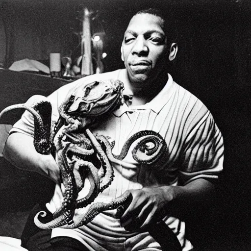 Prompt: john coltrane snuggling an octopus in bed