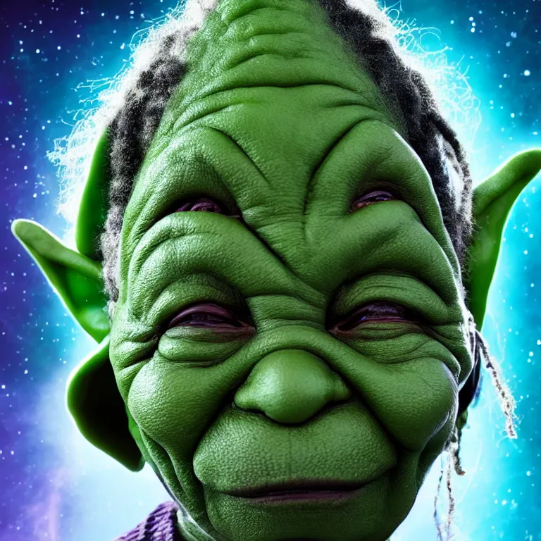 Image similar to whoopi goldberg yoda hybrid from star wars, high quality portrait photoshoot, bokeh, studio lighting, high fashion photoshoot, nebula space background, 8 k