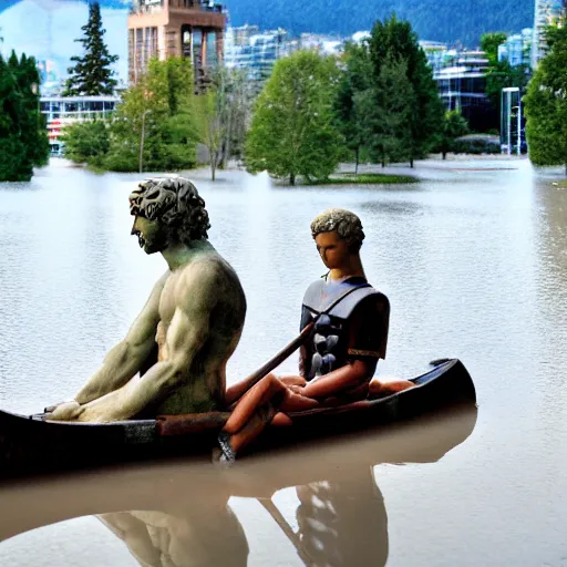 Image similar to roman statue with anime boyfriend on canoe in flooded vancouver ruins, foreshortening photography, ghibli style, cinematic