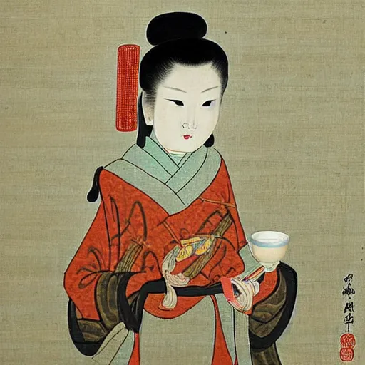 Prompt: the Chinese ancient painting of a lady drinking Starbucks in Tang Dynasty , by Han Xizai