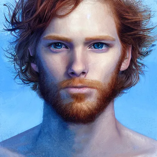 Image similar to 2 4 - year - old man, masculine face, ginger hair, sapphire blue eyes, hyper realistic face, beautiful eyes, highly detailed, digital painting, smooth, sharp, beautiful face, expressive eyes, long fluffy wavy ginger hair, art by greg rutkowski and alex gray