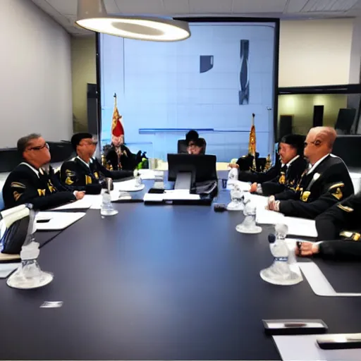 Image similar to a meeting between several futuristic military leaders in a futuristic board room