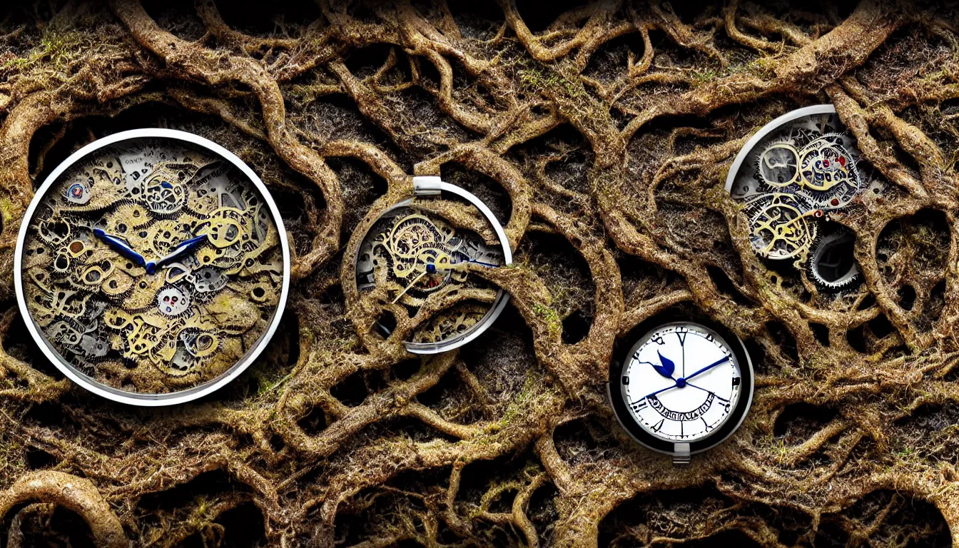 Prompt: detailed view from inside wet ink a clockwork watch landscape, entangled roots covered in mushrooms, cracked earth, living spore microorganisms, decaying, rusty, hyper realistic photo, full colour, upscale, 8 k