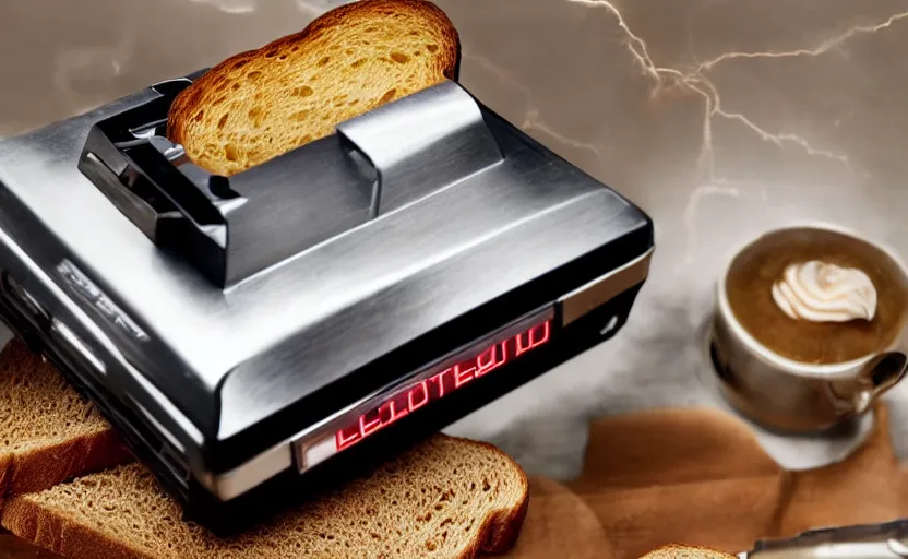 Image similar to a time-traveling delorean styled toaster with toast, bread inserted into slot, professional product shot, magazine ad