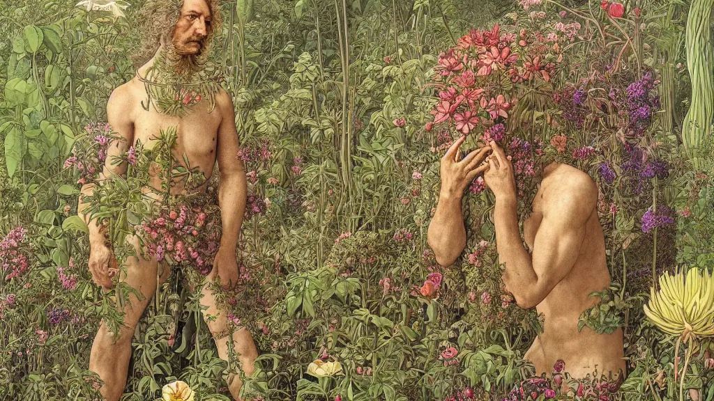 Image similar to highly detailed illustration of a human surrounded by all the known species of plants and flowers by juan gatti!, by moebius!, by leonardo da vinci, by oliver vernon!