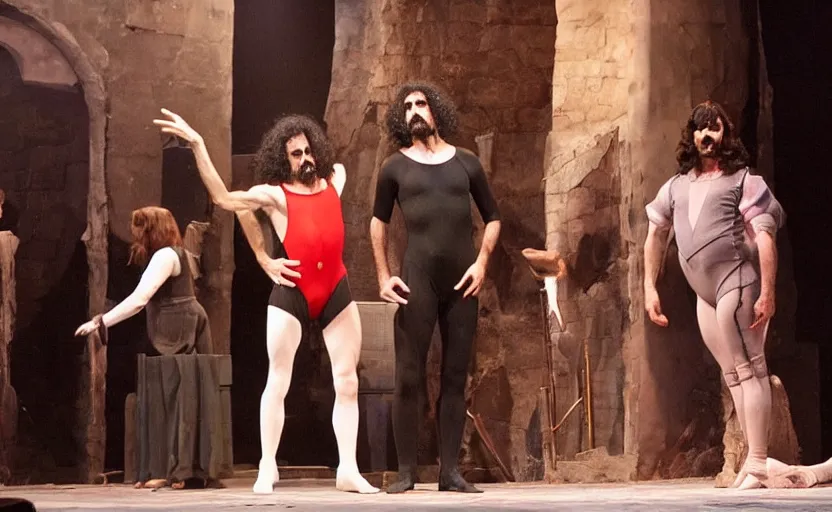 Prompt: Frank Zappa in a leotard performs the role of Richard III in award-winning modern dress production of Richard III in front of a live audience