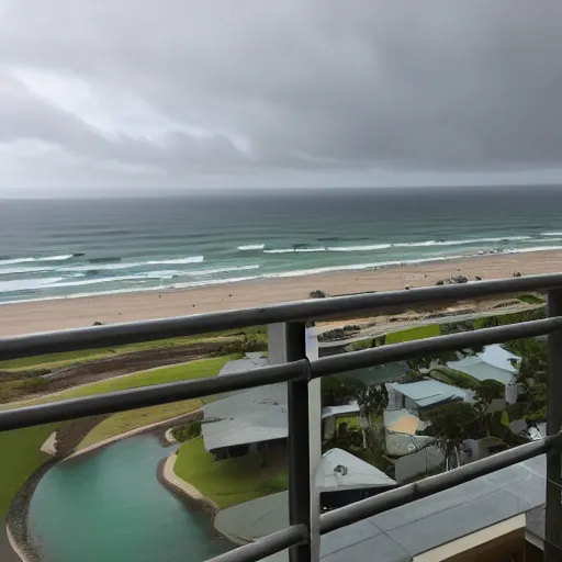 Image similar to a photograph from a high rise balcony overlooking the pacific ocean, gold coast australia, rainy grey afternoon, low visibility