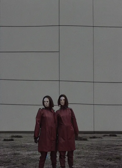 Image similar to cinestill 5 0 d photographic portrait of two clones standing in front of a brutalist metal building, techwear women on a desolate plain, closeup, depth of field, 4 k, 8 k, hd, full color