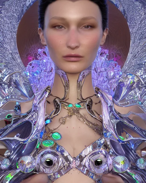 Image similar to a highly detailed metahuman 8 k close up render of bella hadid as alice in wonderland renaissance in iris van herpen dress schiaparelli in diamonds crystals swarovski and jewelry iridescent in style of alphonse mucha gustav klimt trending on artstation made in unreal engine 4