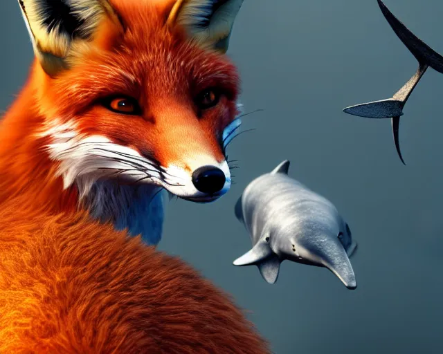 Image similar to a portrait of a fox with a shark in its mouth, cinematic, 8 k, raytracing, fantasy artwork, detailed, realistic