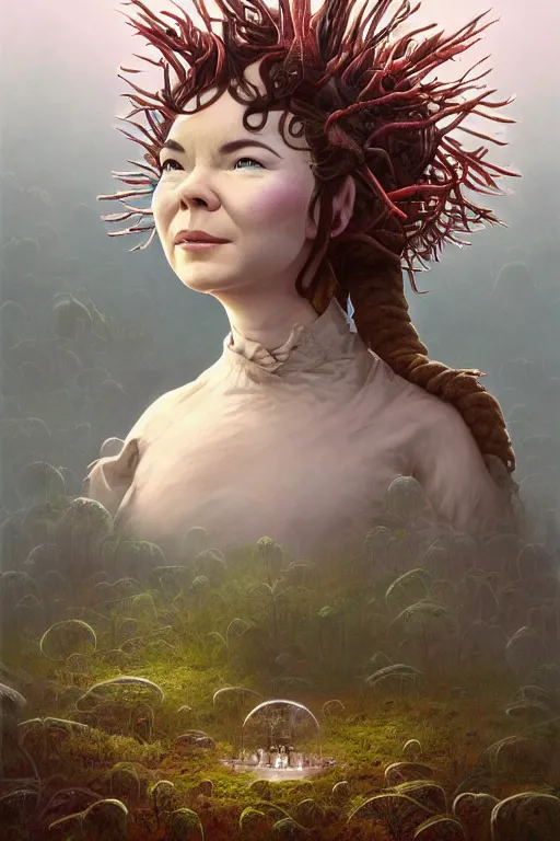 Image similar to beautiful bjork portrait by hubert robert and lee madgwick and roger dean and jacek yerka, dan mumford and alex grey style, soft lighting, 4 k hd wallpaper illustration concept joy atmospheric lighting