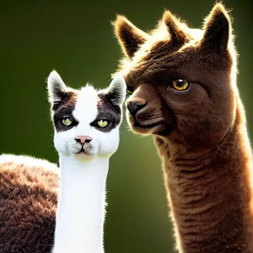 Prompt: a cat - alpaca - hybrid with a beak, animal photography, wildlife photo, award winning