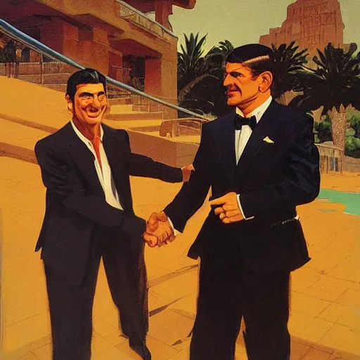 Image similar to tony khan and vince mcmahon shaking hands, stylized behance by syd mead, frank frazetta, ken kelly, simon bisley, richard corben, william - adolphe bouguereau