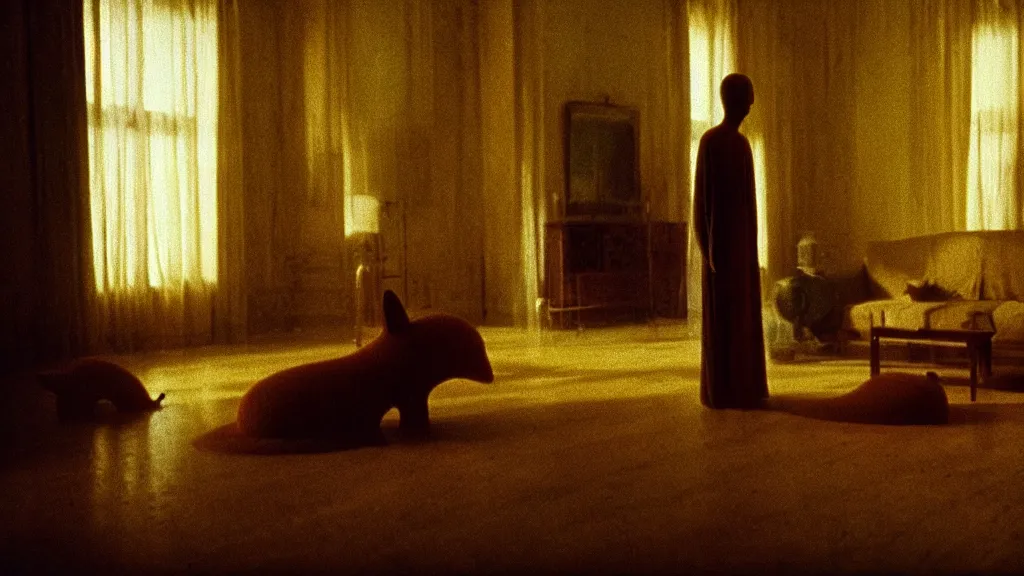 Image similar to a strange creature made of wax and water in the living room, film still from the movie directed by Wes Anderson with art direction by Zdzisław Beksiński, wide lens