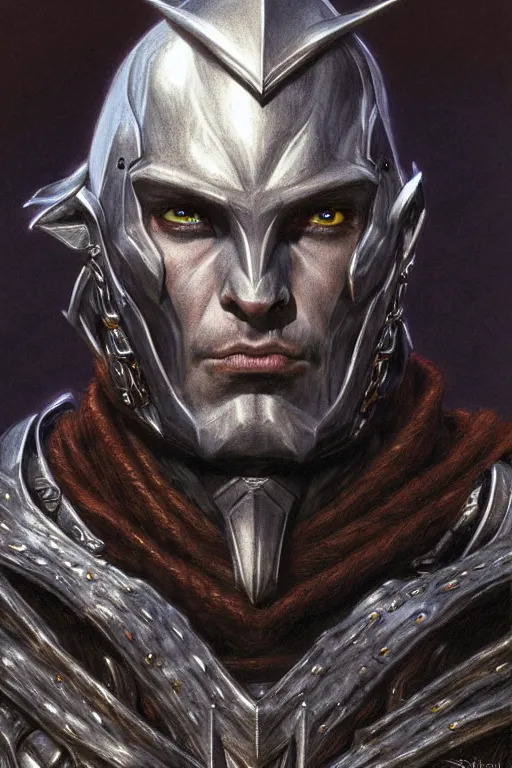 Image similar to head and shoulders portrait of an eldrich knight, drow, dark elf, shadar kai, breastplate, magical, male, high fantasy, d & d, by donato giancola, face details, extremely detailed, digital illustration