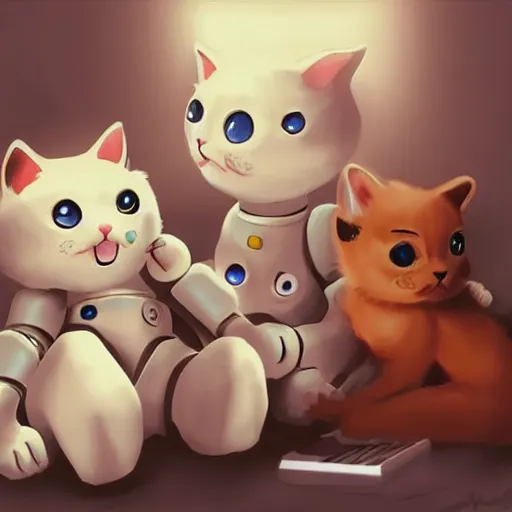 Prompt: a robot cuddling kittens, anime, concept art