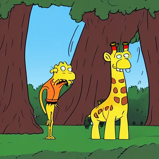 Prompt: in the year one million and a half, humankind is enslaved by giraffe. man must pay for all his misdeeds when the treetops are stripped of their leaves, matt groening art, still from futurama animated series