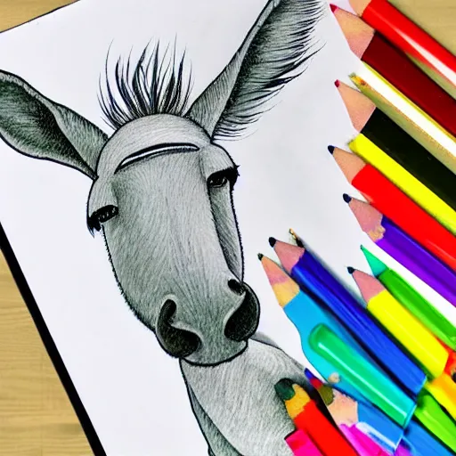 Image similar to cute cheerful a donkey walking, colouring - in sheet, concept design, character art, sharp focus, highly detailed