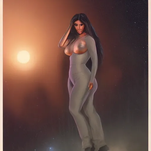 Prompt: kim kardashian as a cop, full body pov, emotional, night time forest with a ufo sitting in the fog, pretty, aesthetic, matte detailed photo, DeviantArt, Artstation, by donato giancola, ralph horley, loish, ufo lighting