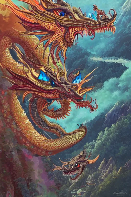 Prompt: a beatiful and detailed thai dragon paintings by Chalermchai Kositpipat and Ghibli Studios, Dan Mumford, artstation