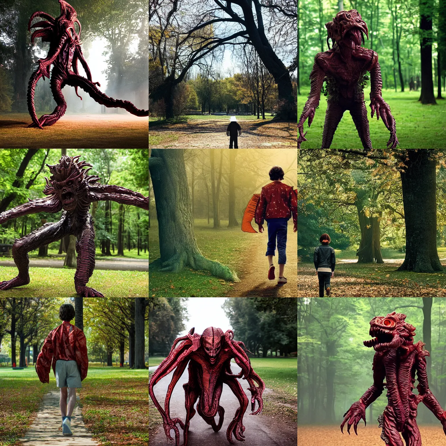 Prompt: the demogorgon from stranger things taking a walk in a peaceful park during the day