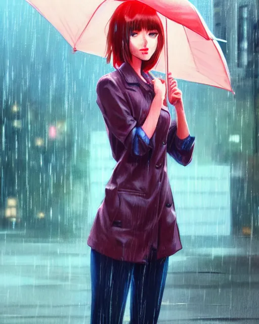 Prompt: cute girl in the rain. full shot | very very anime!!!, fine - face, audrey plaza, realistic shaded perfect face, fine details. anime. realistic shaded lighting poster by ilya kuvshinov katsuhiro otomo ghost, magali villeneuve, artgerm, jeremy lipkin and michael garmash and rob rey