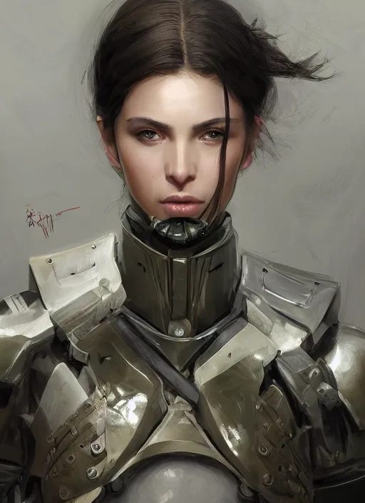 Image similar to a professional painting of a beautiful young female, clothed in military armor, olive skin, long dark hair, beautiful bone structure, symmetrical facial features, intricate, elegant, digital painting, concept art, smooth, sharp focus, illustration, from Metal Gear, by Ruan Jia and Mandy Jurgens and Artgerm and William-Adolphe Bouguerea