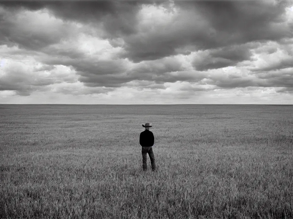 Prompt: Cowboy standing in the prairie and looking at the clouds in the style of Andrei Tarkovsky, cinestill 800t 50mm