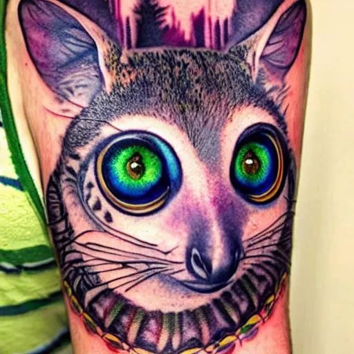 Prompt: shoulder tattoo of a multicolored trippy furry cute bushbaby with rainbow colored spiral eyes, surrounded with colorful shrooms and flowers, marihuana leaves, insanely integrate